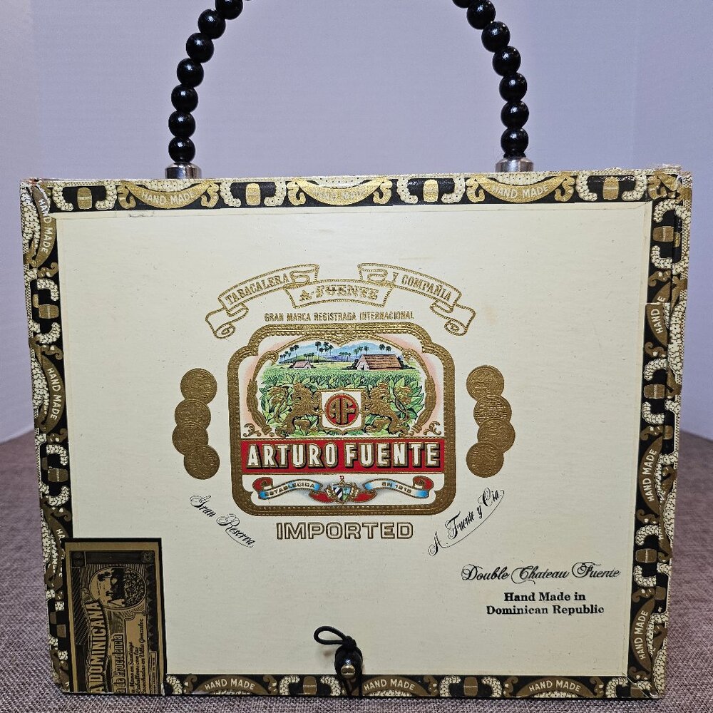 Handmade Arturo Fuente Imported Cigar Box Purse With Black Bead Handle And Tasse